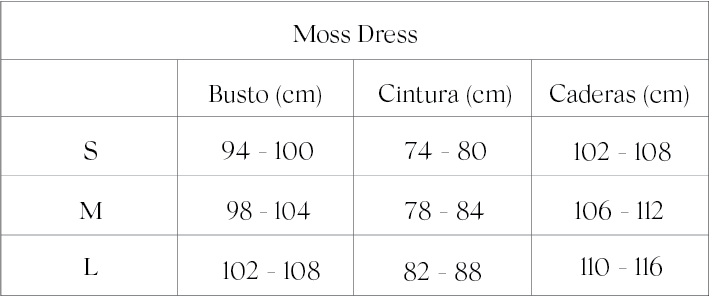 Guía de tallas Moss Dress